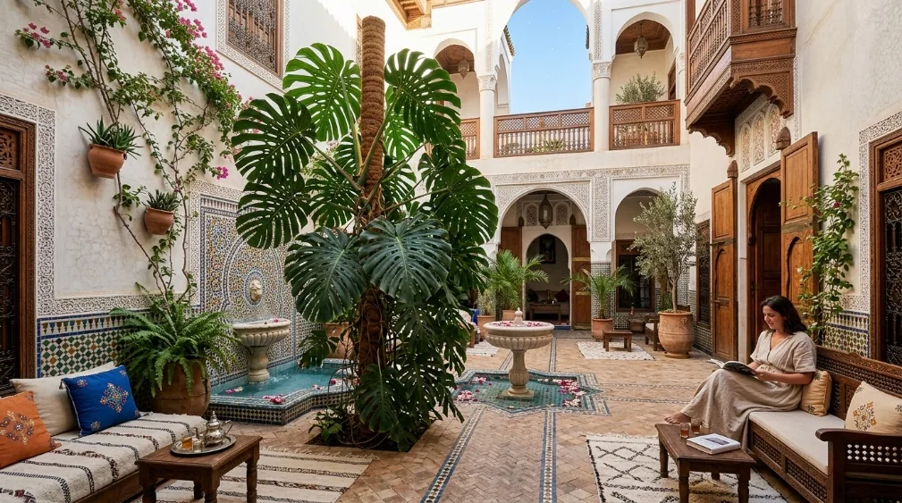 Monstera deliciosa dans le patio d'un riad marrakchi, sol en zellige, lumière rasante